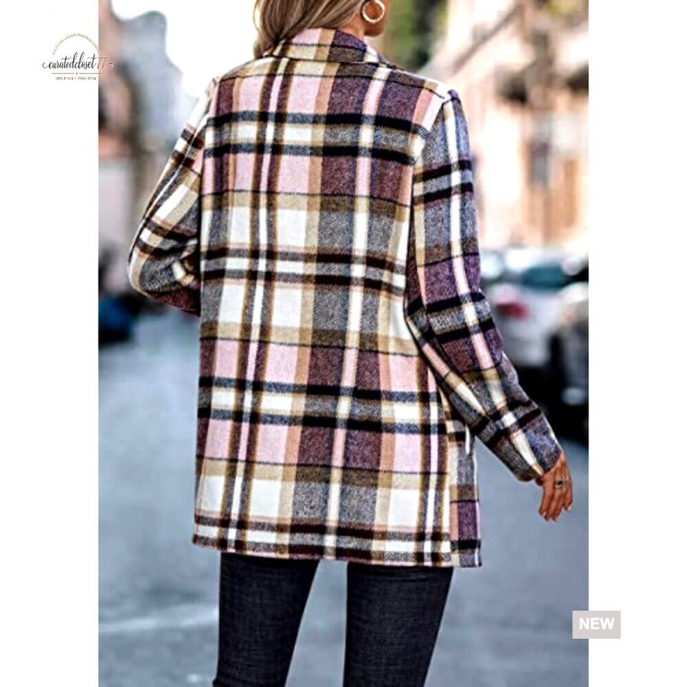Plaid Shacket Jacket Trendy Fall Casual Button Wool Blend Trench Coat Winter - Picture 3 of 7